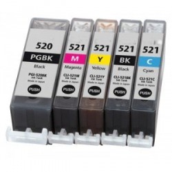 Lot 5 cartouches compatibles Canon PGI-520Bk + N°CLI521Bk+C+M+Y - Avec puce - Encre Noire + Cyan + Mag + Jn