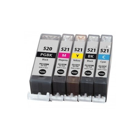 Lot 5 cartouches compatibles Canon PGI-520Bk + N°CLI521Bk+C+M+Y - Avec puce - Encre Noire + Cyan + Mag + Jn