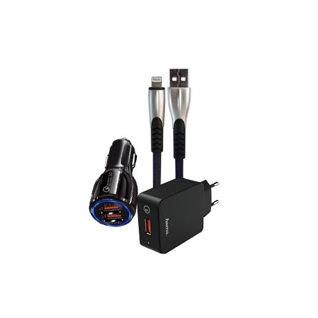 Kit chargement 3 en 1 - 3A/QC 3.0 - Ligtning - Câble + 2 chargeurs