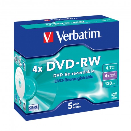5 DVD-RW 4.7 Go "VERBATIM" - coffret cristal - 4x / CB à l'unite - 0023942432845 - 43285