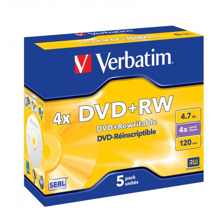 5 DVD+RW 4.7 Go "VERBATIM" - coffret cristal - 4x / CB à l'unite - 023942432289 - 43229