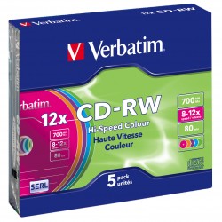 5 CD-RW 80min 700 Mb - "VERBATIM" - COLOR - Coffret slim - 8/12x - 43167