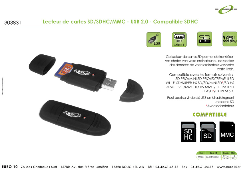 Lecteur de carte SD / SDHC / MMC + clé USB 2.0